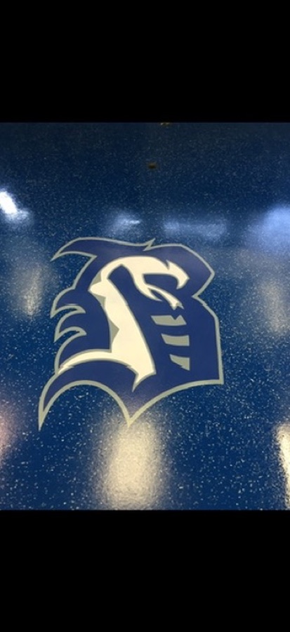 Blue painted floor finish with a custom mascot logo