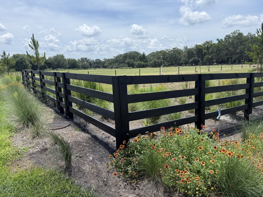 Black fence corner beside landscaped flowers