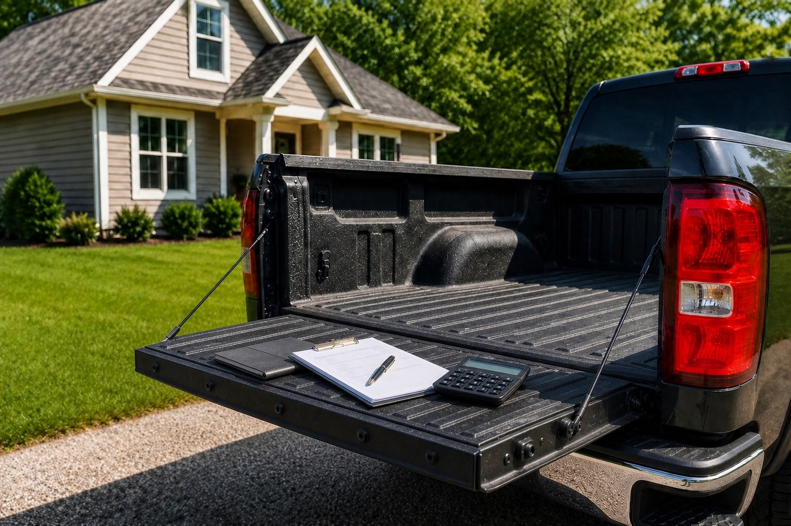 Financing paperwork, calculator, and a pen on an open pickup tailgate outside a home