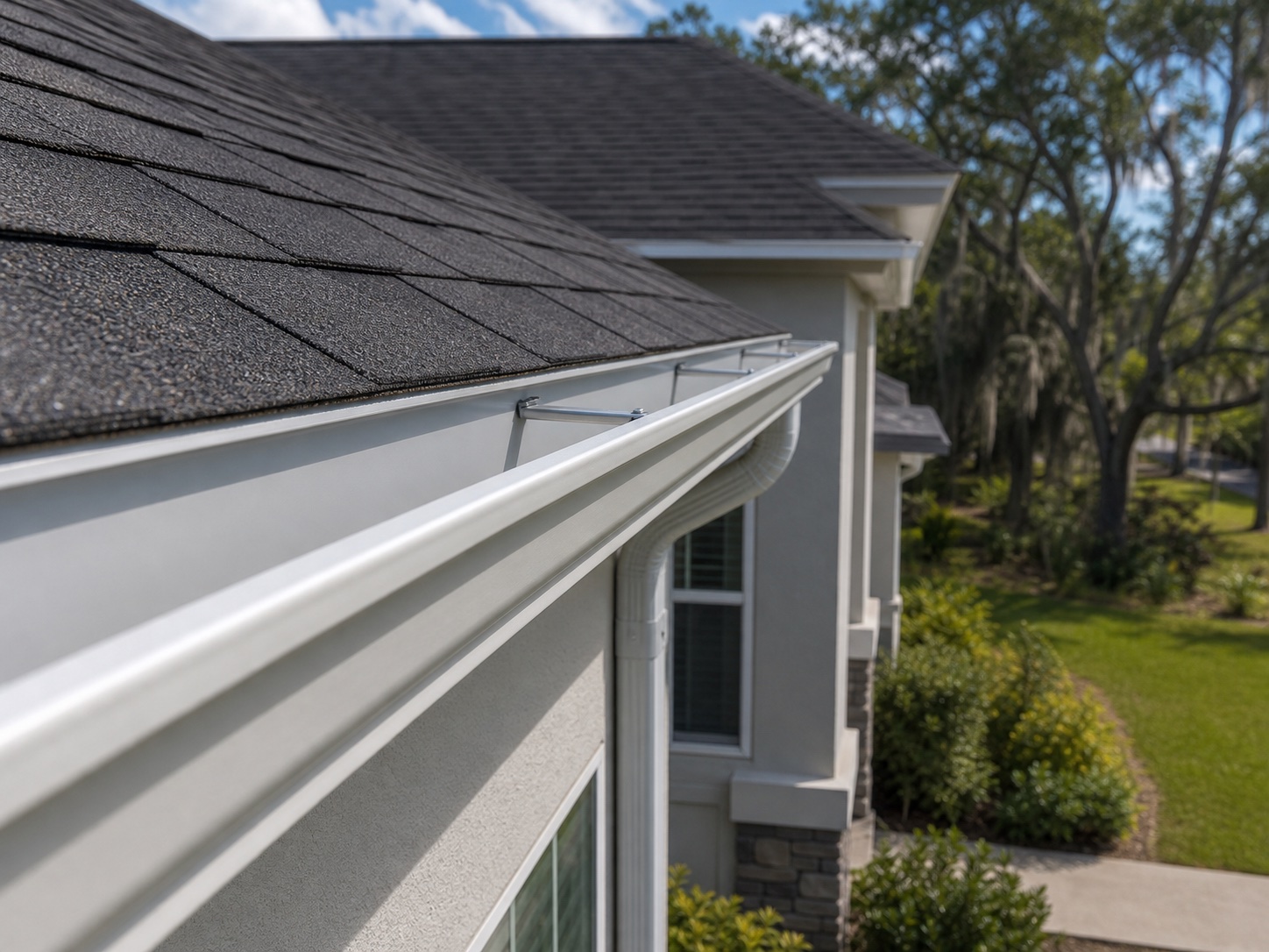 Installed gutter running along a shingle roofline on a residential home