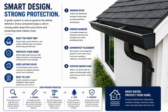 Smart design, strong protection infographic explaining gutter pitch, hangers, downspout placement, positive water flow, and the installation process