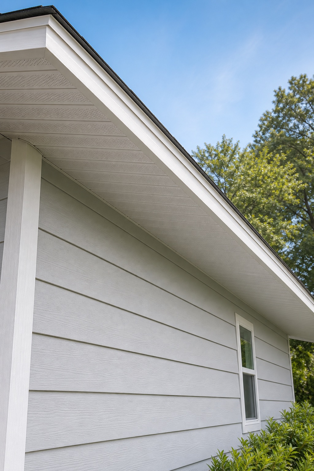 Low-angle view of continuous vented soffit and fascia beneath a Florida home roof overhang