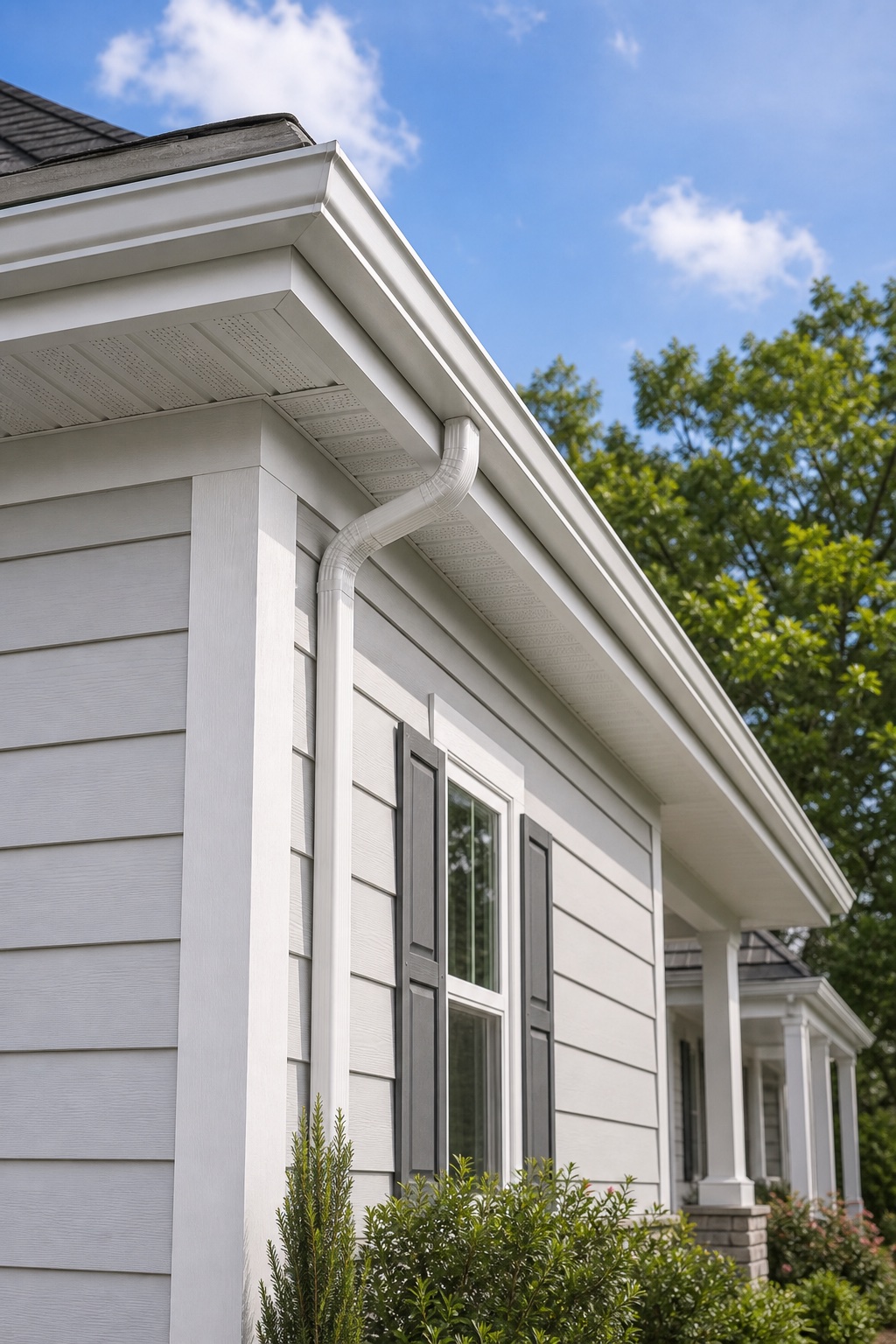 Soffit, fascia, gutter, siding, and exterior trim working together along a Florida home roof edge