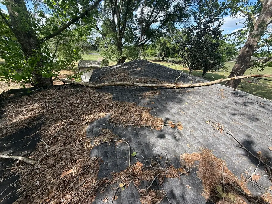 Fallen branch and roof debris after storm damage