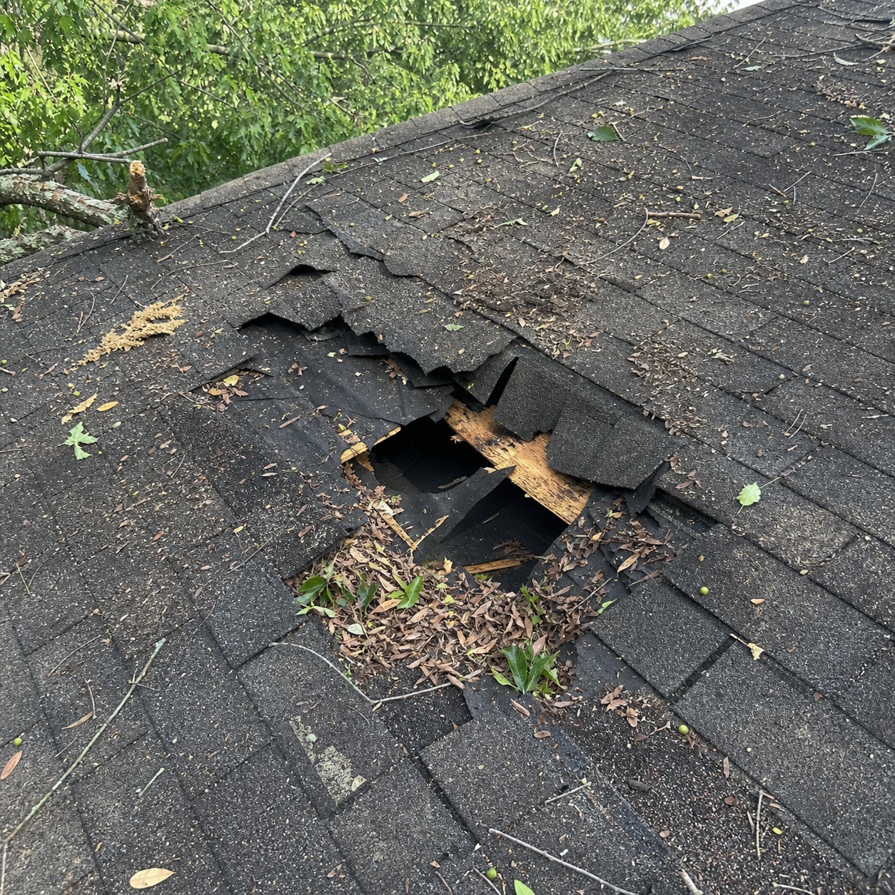 Storm-damaged shingle roof with debris and exposed decking